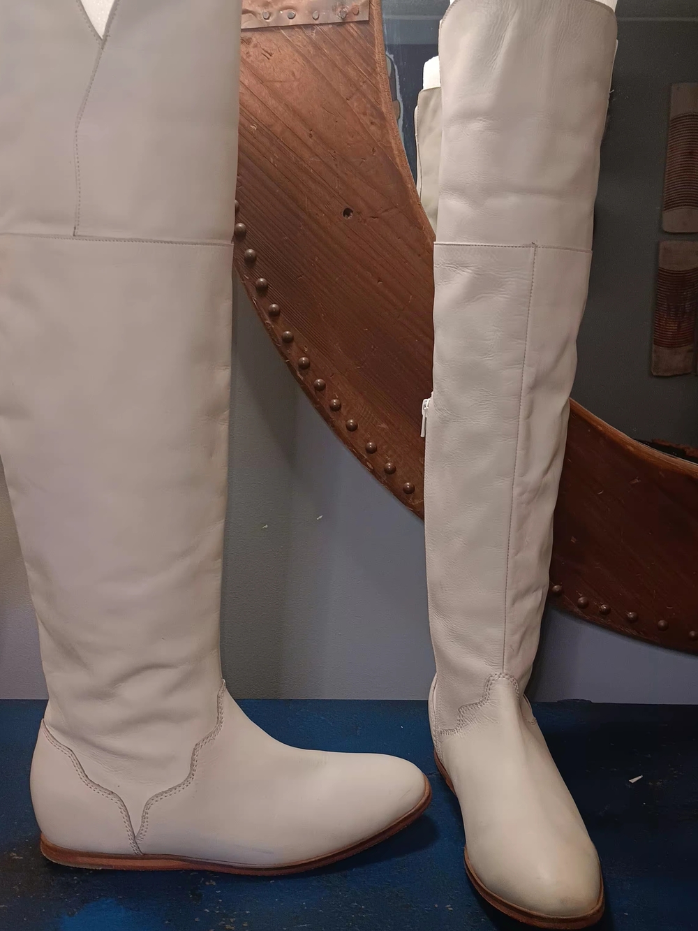 Over-the-Knee Leather Boots in Light Cream